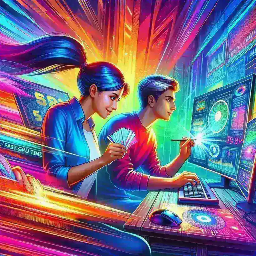 "High-performance graphics card in a tech-savvy workspace, highlighting the importance of fast GPU time for professional users in gaming, design, and data processing."