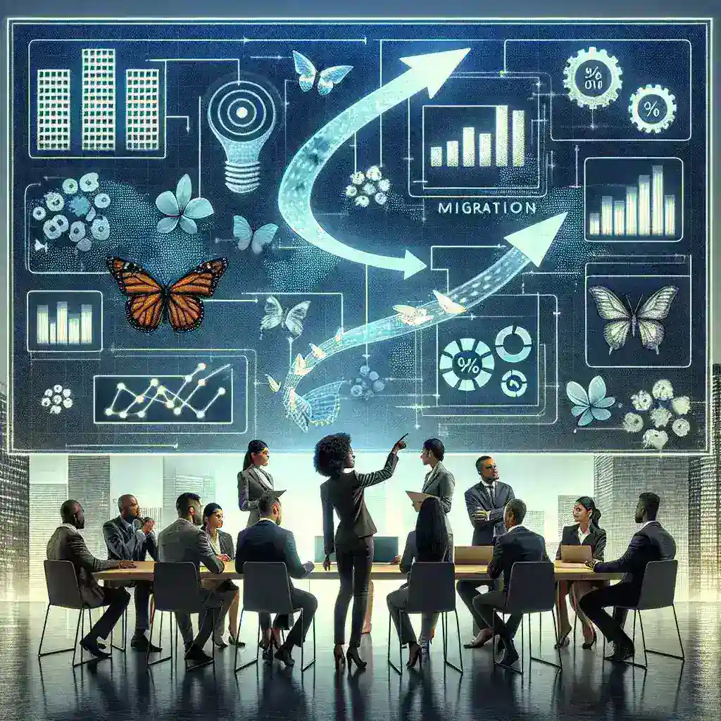 "Illustration of a step-by-step CRM system migration process, highlighting key stages such as data transfer, system integration, and user training, for the article 'How to Migrate to a New CRM System: A Comprehensive Guide.'"